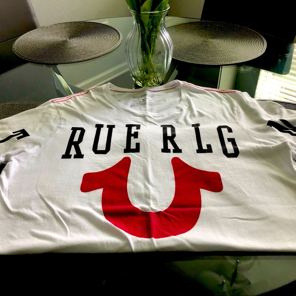 True Rlgn T-shirt, white w/blk letters on chest. Red T/R sign.  Great condition